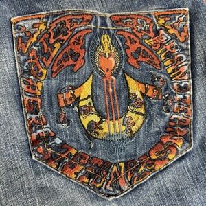 True Religion Mens Jeans 33x31 Y2K Distressed Embroidered Red Orange Full Pocket